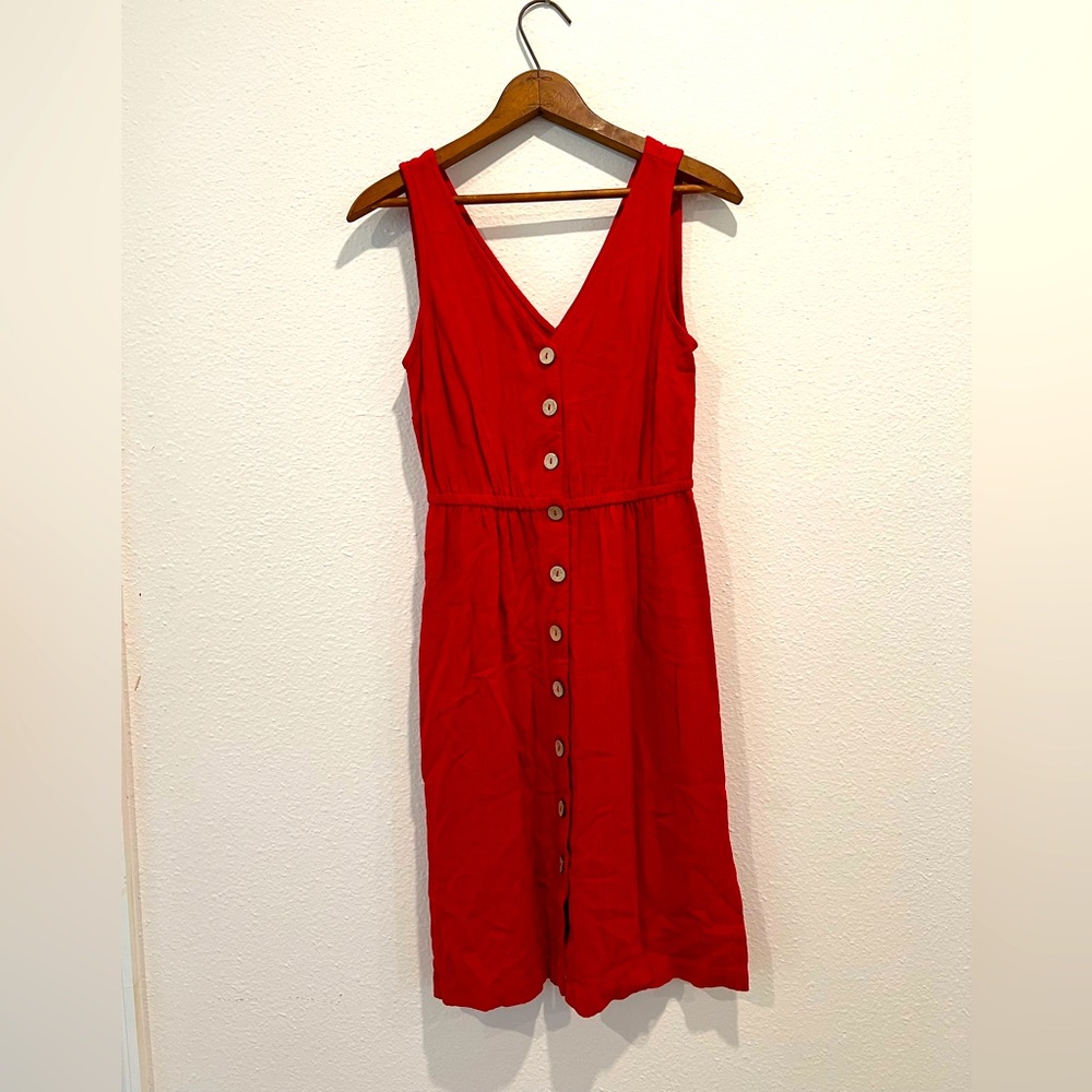 Red linen midi dress sleeveless button down front sleeveless Xs